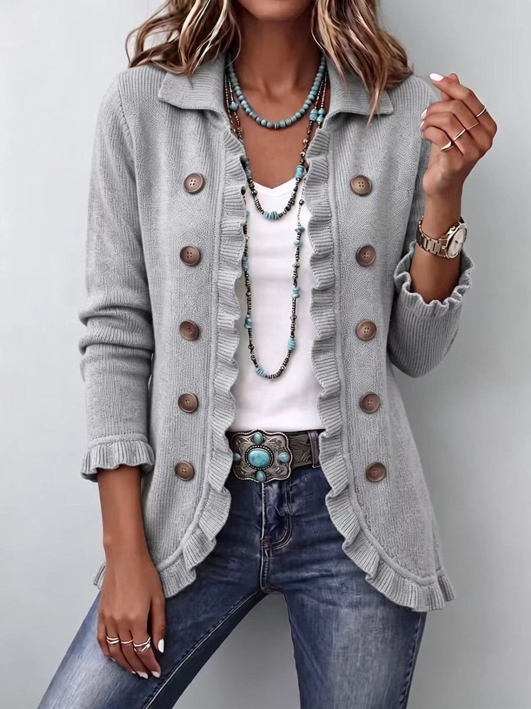 Eloisetta | Cardigan in Maglia Grigia con Balze