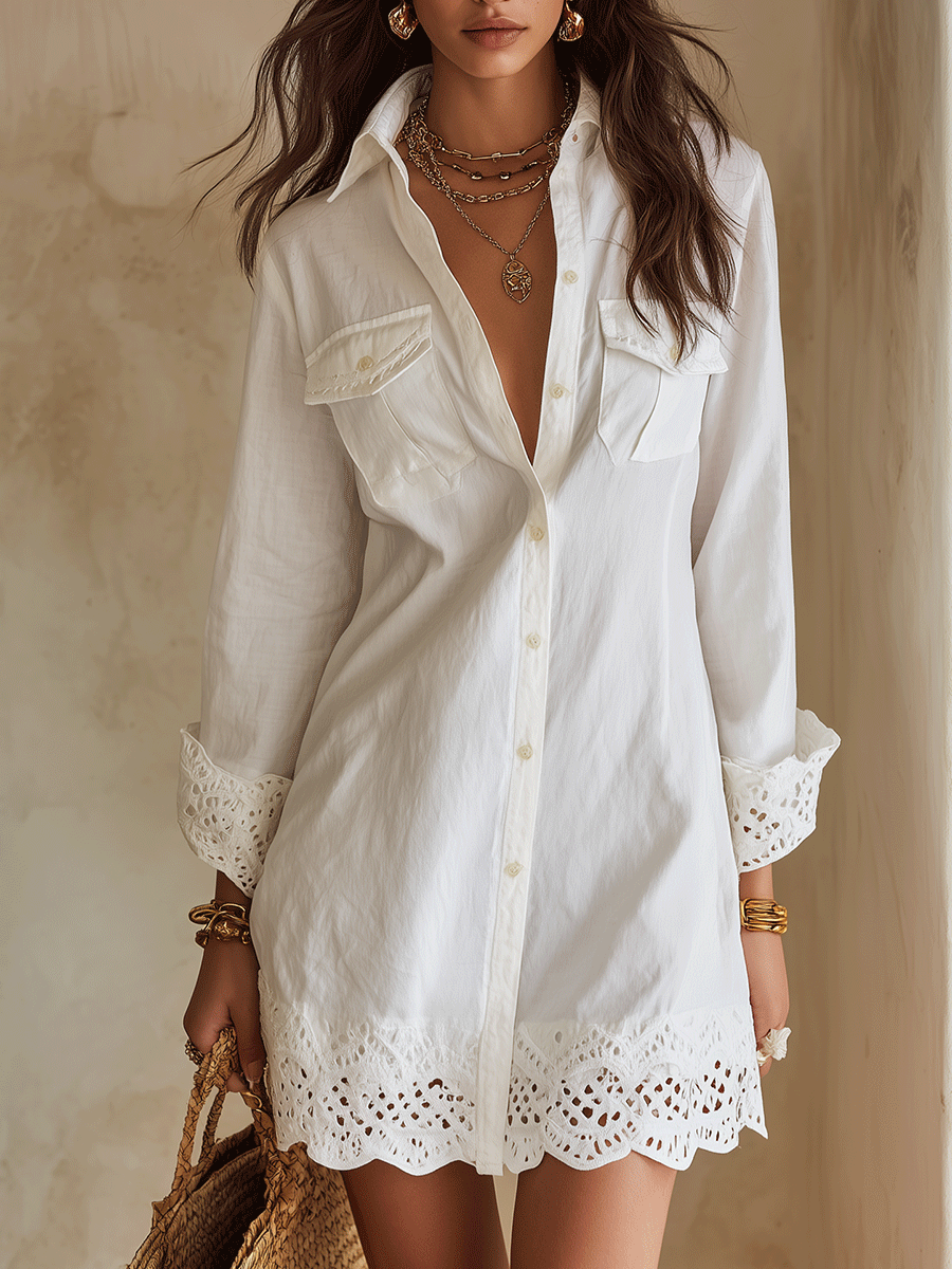 Everilda | Mini Abito Camicia Bianco Bohémien con Orlo Traforato