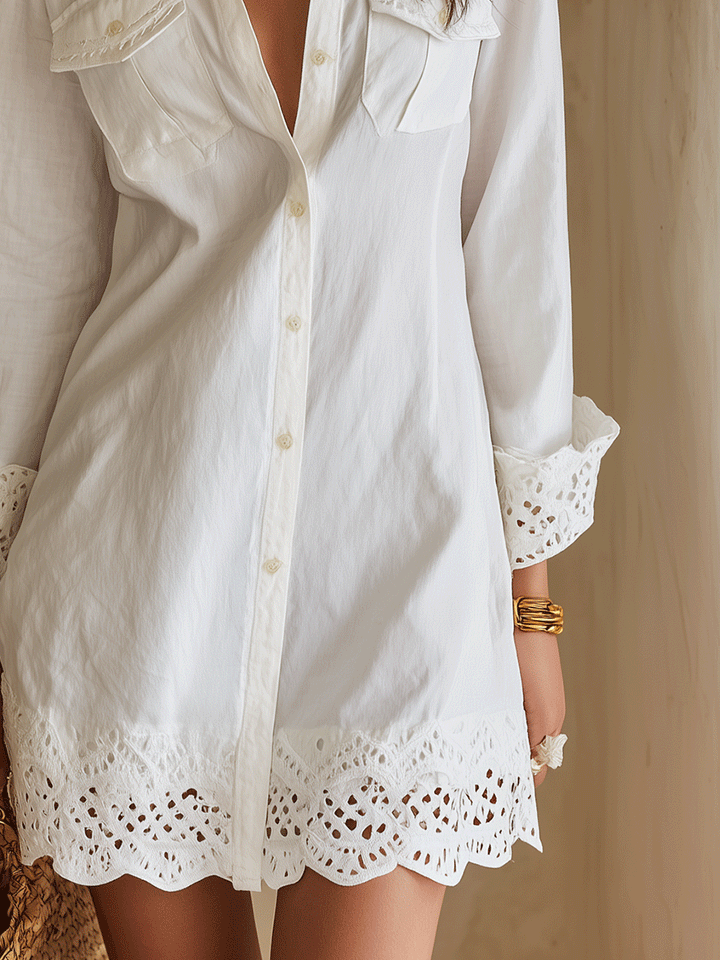 Everilda | Mini Abito Camicia Bianco Bohémien con Orlo Traforato