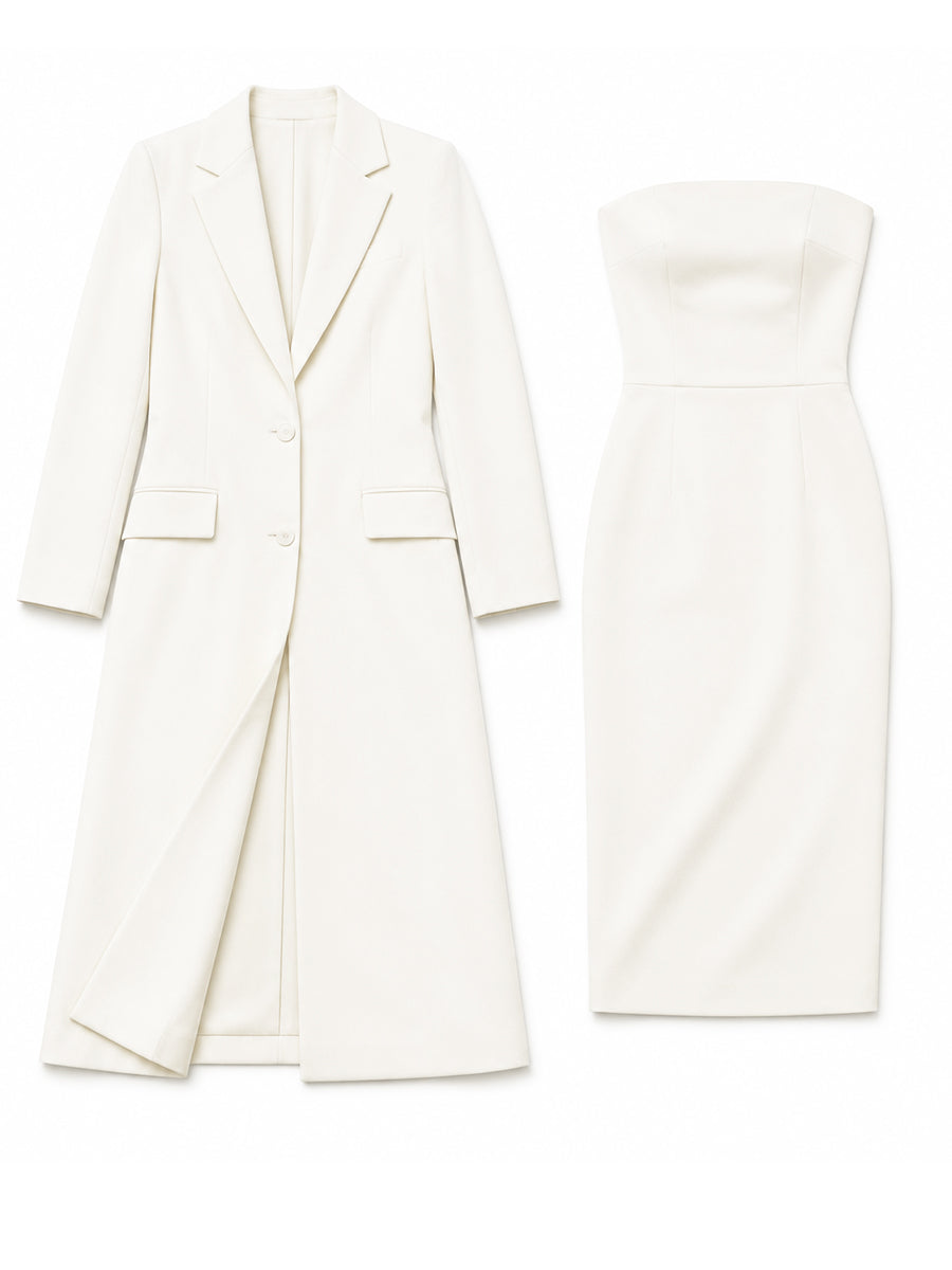 Ildegarda | Completo Blazer Lungo e Abito Midi Senza Spalline, Bianco