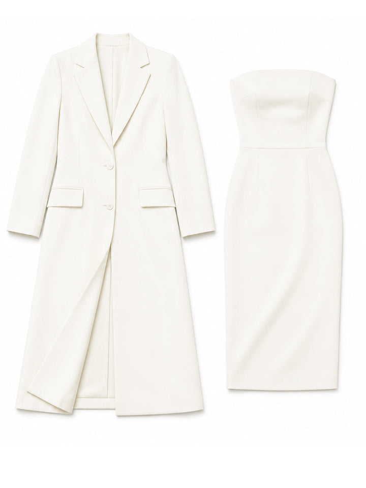 Ildegarda | Completo Blazer Lungo e Abito Midi Senza Spalline, Bianco