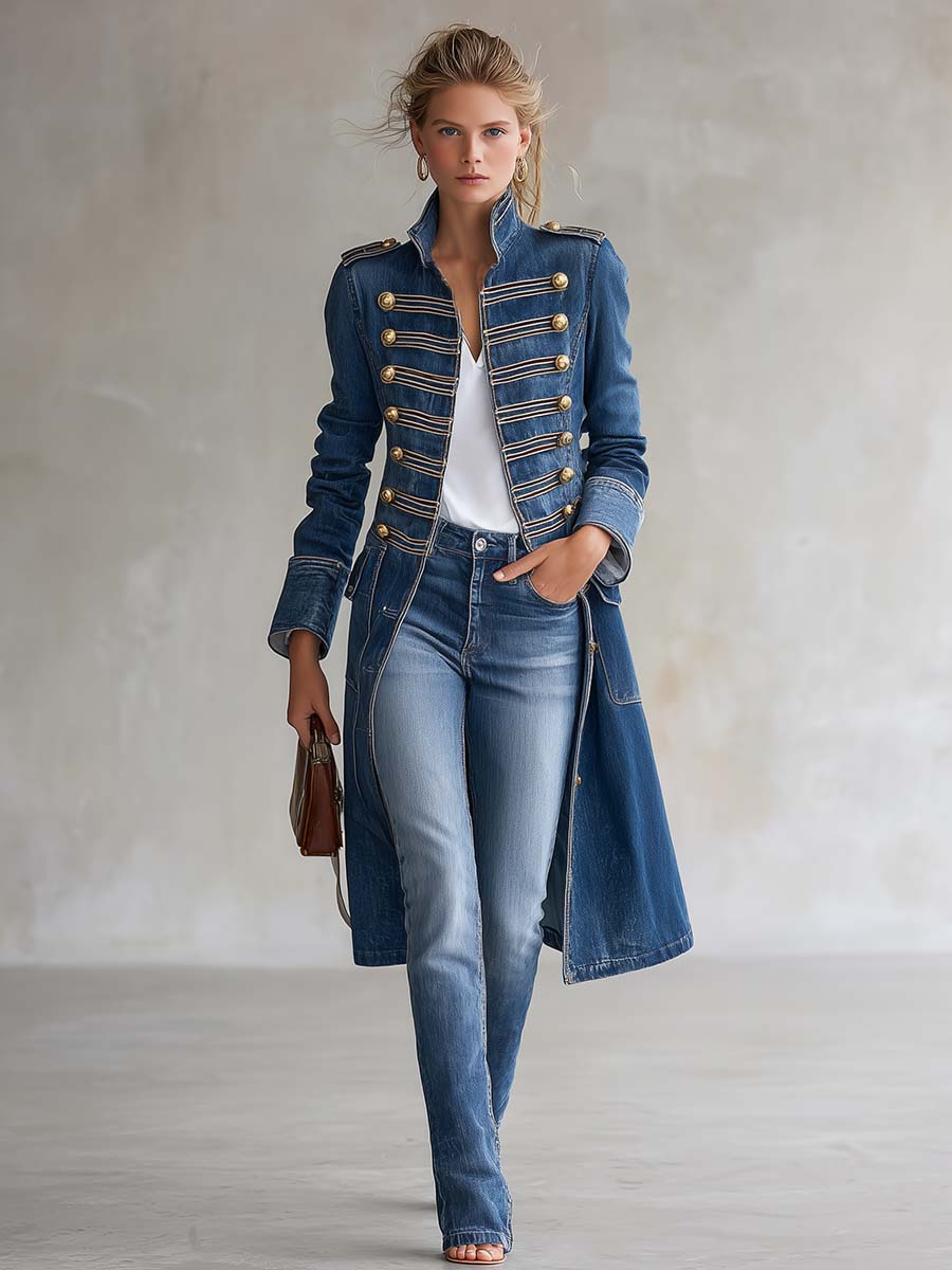 Teresina | Cappotto Lungo in Jeans Stile Militare con Bottoni Dorati