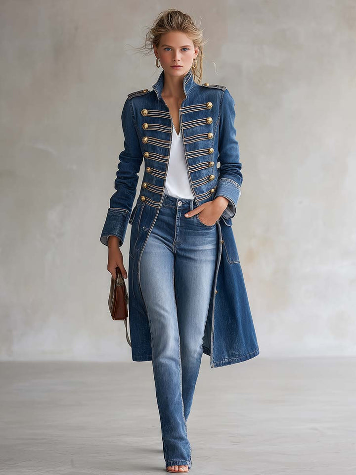 Teresina | Cappotto Lungo in Jeans Stile Militare con Bottoni Dorati