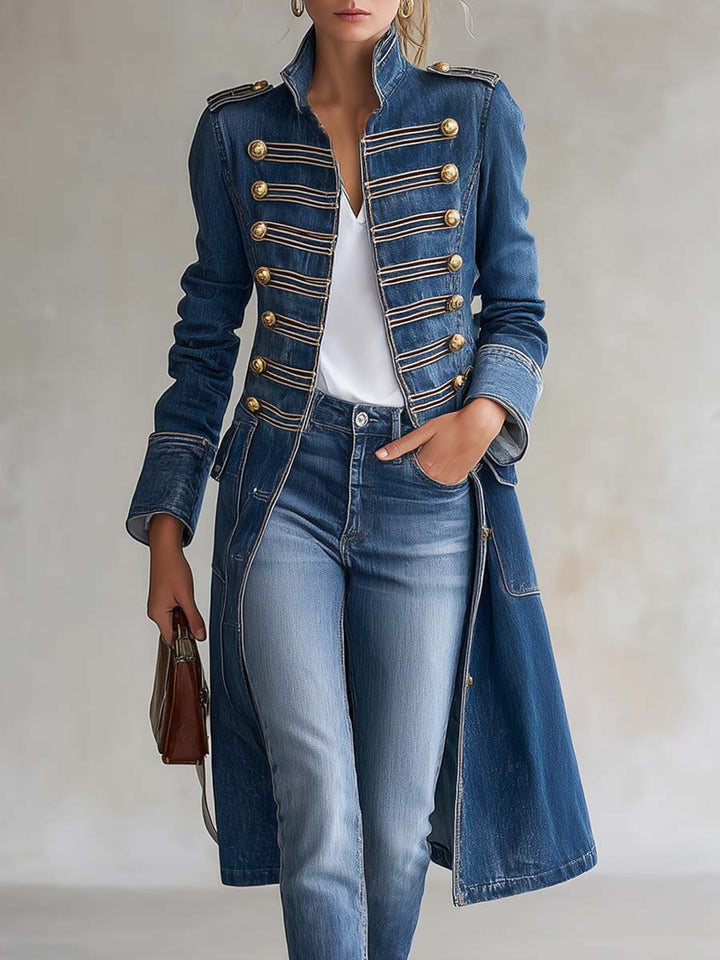 Teresina | Cappotto Lungo in Jeans Stile Militare con Bottoni Dorati