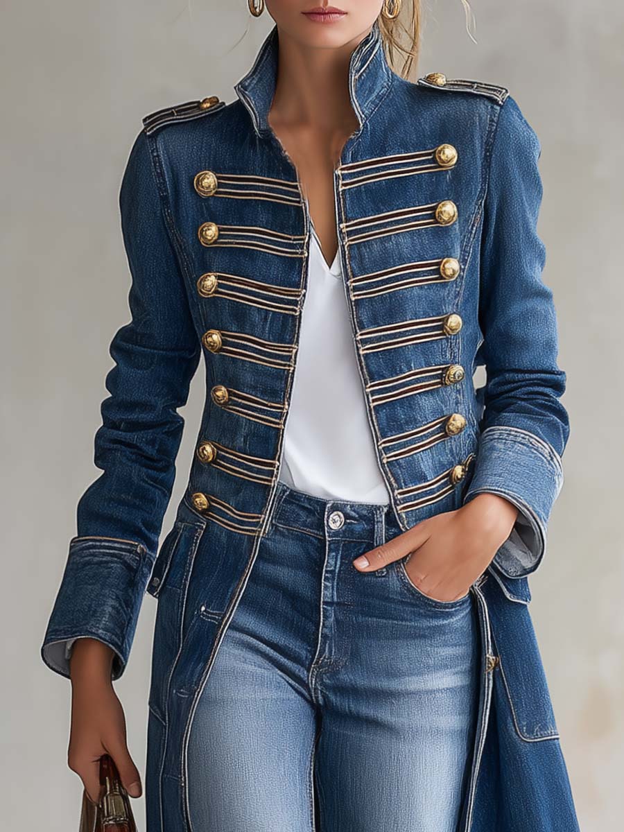 Teresina | Cappotto Lungo in Jeans Stile Militare con Bottoni Dorati