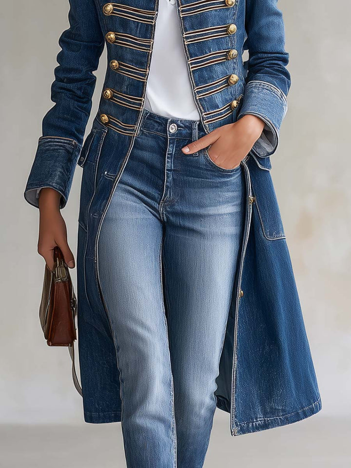 Teresina | Cappotto Lungo in Jeans Stile Militare con Bottoni Dorati