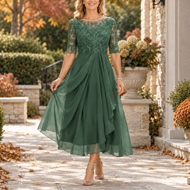 Adriana | Abito Midi Drappeggiato con Corpetto in Pizzo