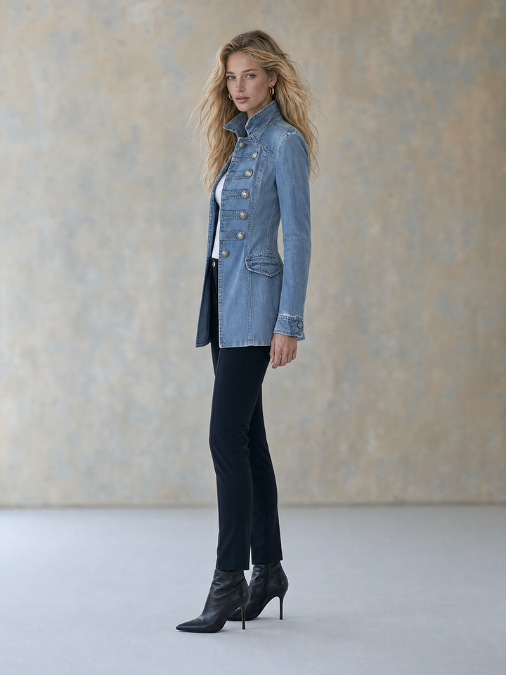 Marianna | Giacca in Jeans Stile Militare con Doppia Fila di Bottoni