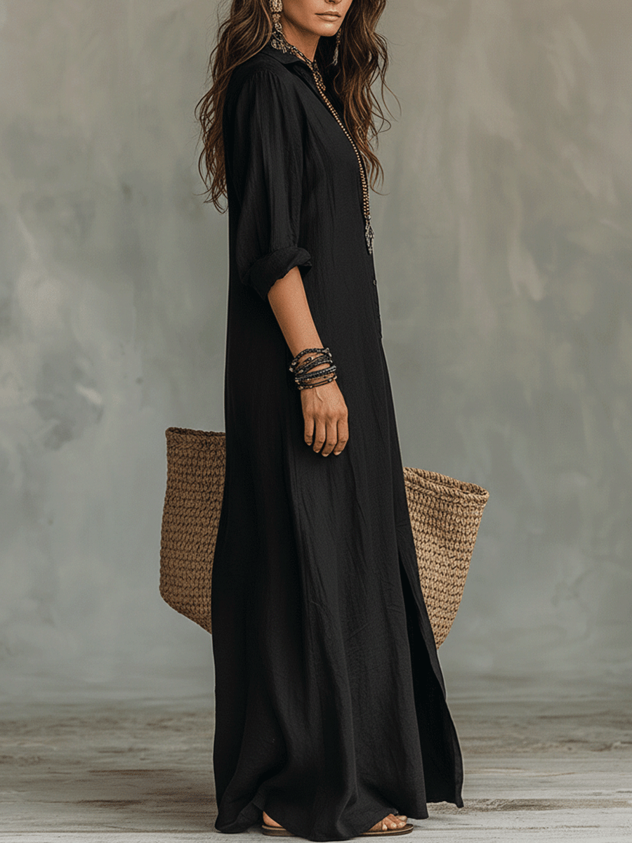 Felicita | Abito Maxi Camicia Bohémien Nero con Bottoni