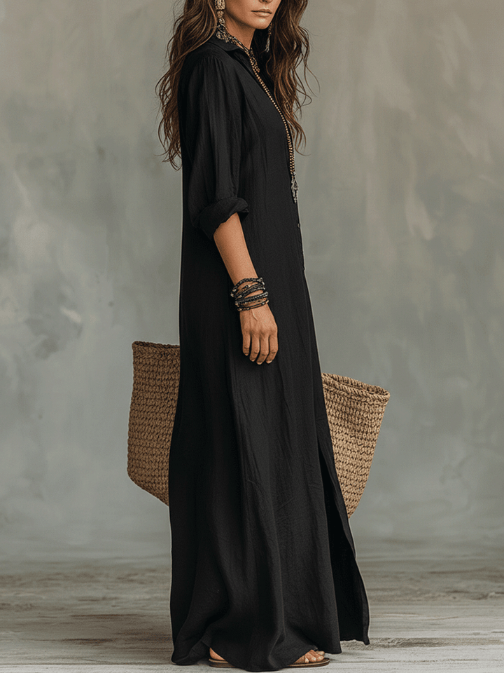 Felicita | Abito Maxi Camicia Bohémien Nero con Bottoni