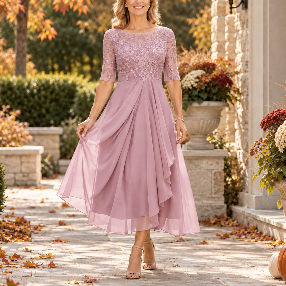 Adriana | Abito Midi Drappeggiato con Corpetto in Pizzo