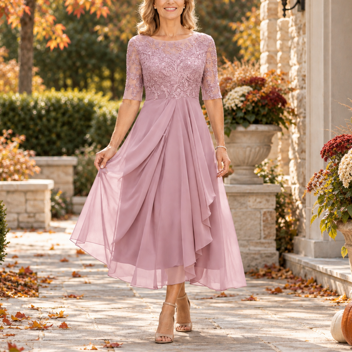 Adriana | Abito Midi Drappeggiato con Corpetto in Pizzo