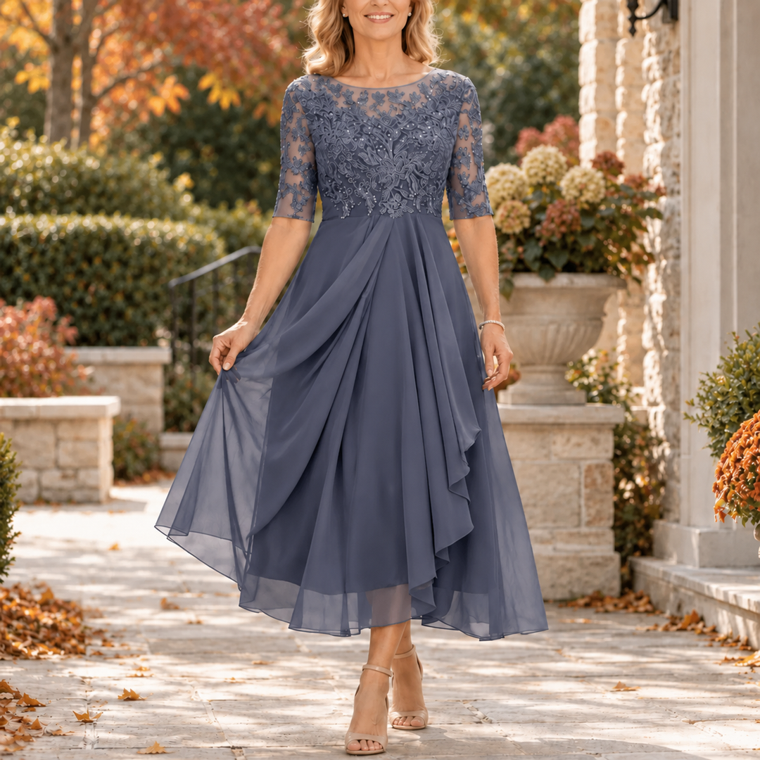 Adriana | Abito Midi Drappeggiato con Corpetto in Pizzo