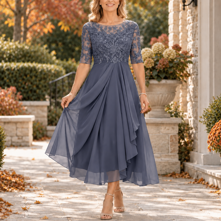 Adriana | Abito Midi Drappeggiato con Corpetto in Pizzo