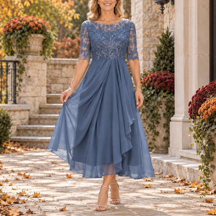 Adriana | Abito Midi Drappeggiato con Corpetto in Pizzo