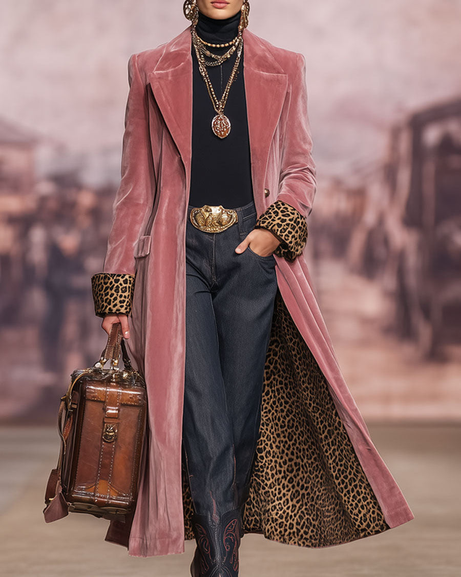 Tecla | Cappotto Lungo Sartoriale in Velluto con Fodera Leopardata