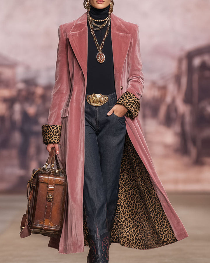 Tecla | Cappotto Lungo Sartoriale in Velluto con Fodera Leopardata