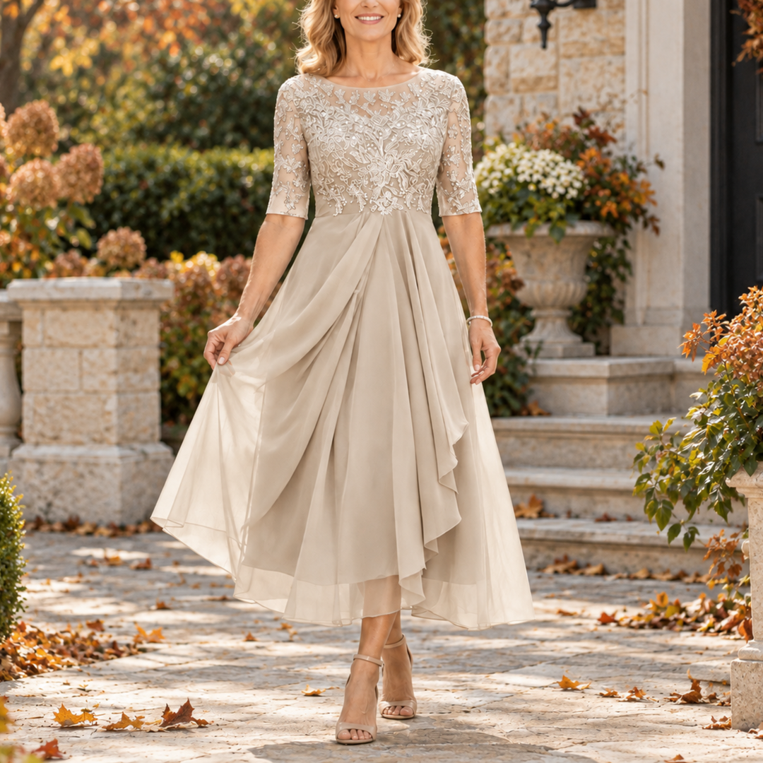 Adriana | Abito Midi Drappeggiato con Corpetto in Pizzo