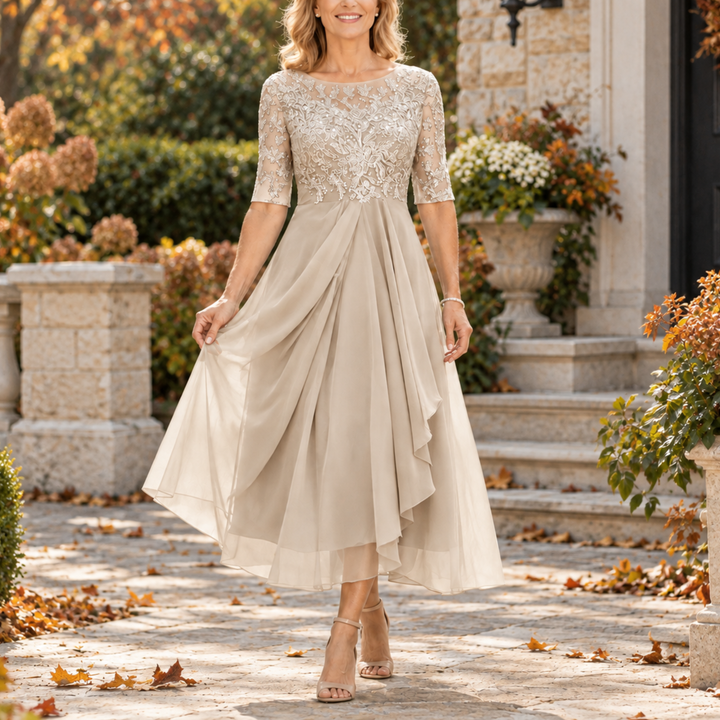 Adriana | Abito Midi Drappeggiato con Corpetto in Pizzo