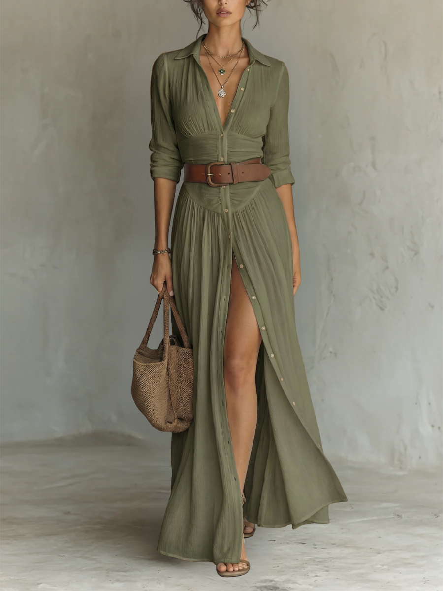 Pamela | Abito Maxi Camicia Plissettato