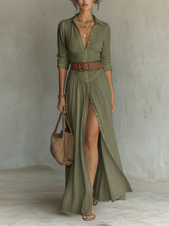 Pamela | Abito Maxi Camicia Plissettato
