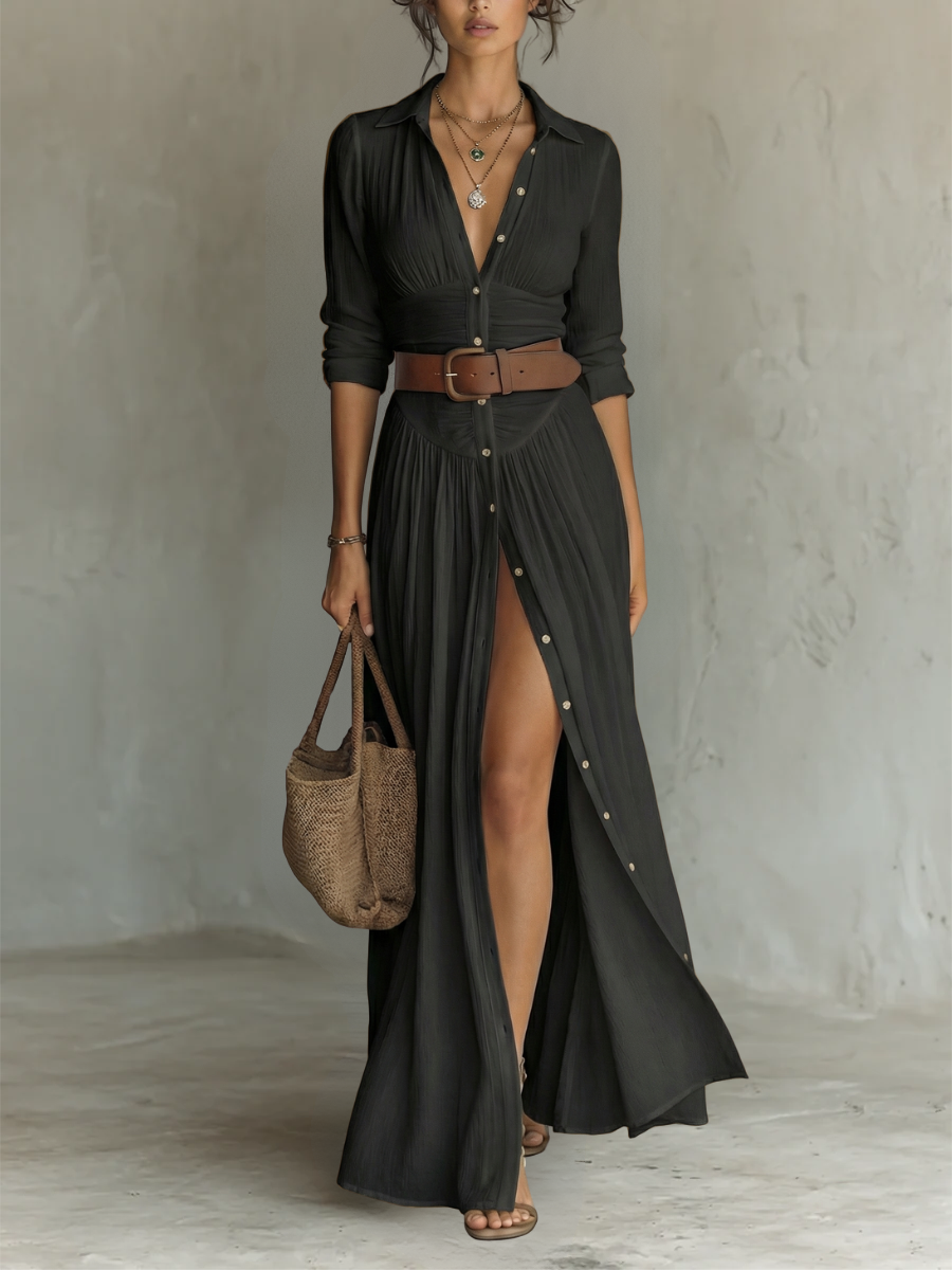 Pamela | Abito Maxi Camicia Plissettato