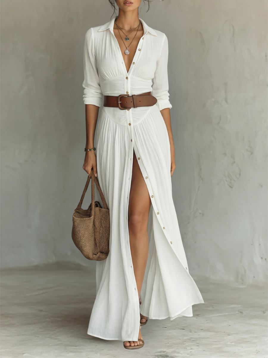 Pamela | Abito Maxi Camicia Plissettato
