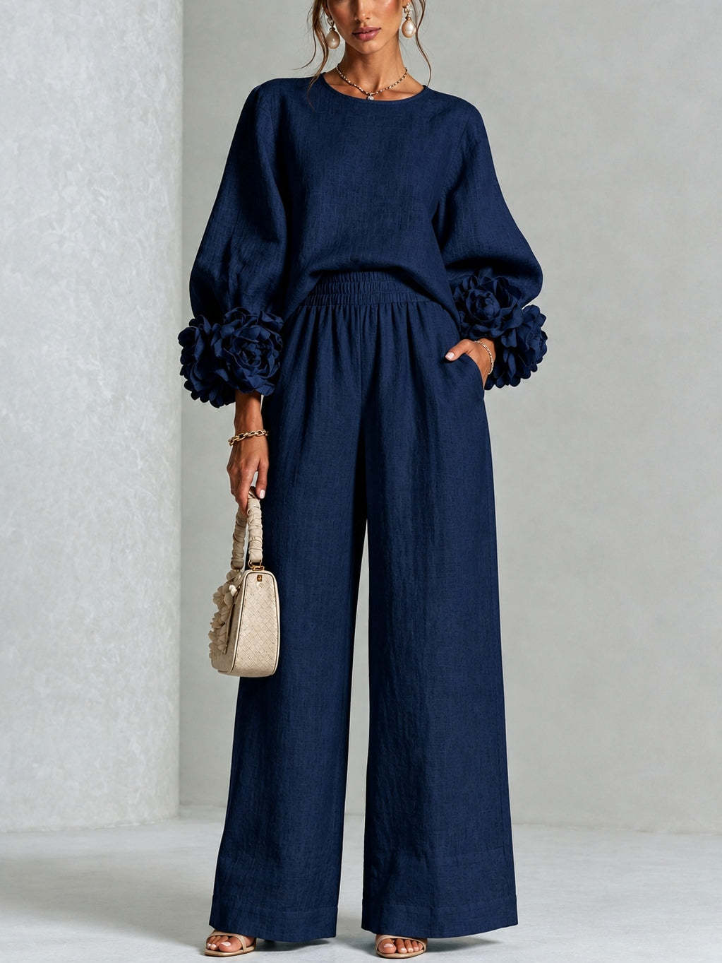Rosetta | Completo Top con Polsini Floreali e Pantaloni