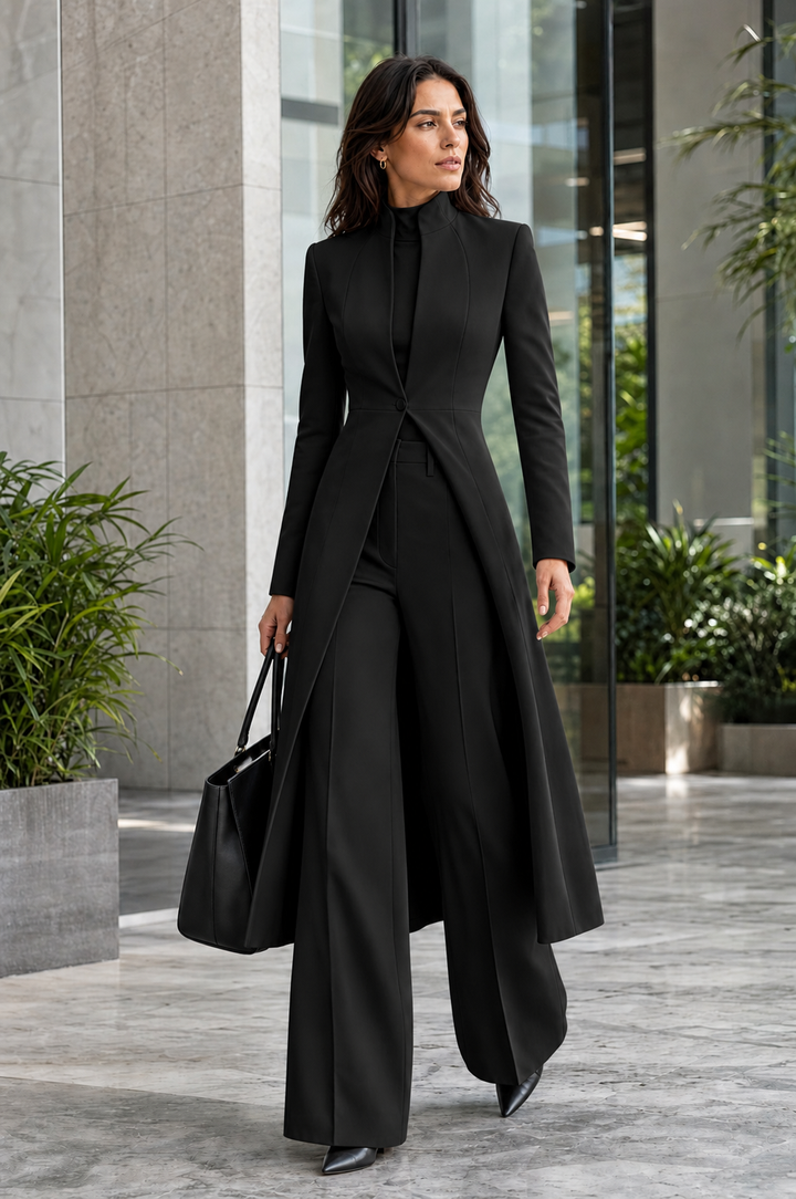 Marcellina | Completo Blazer Lungo con Collo a Listino e Pantaloni Svasati