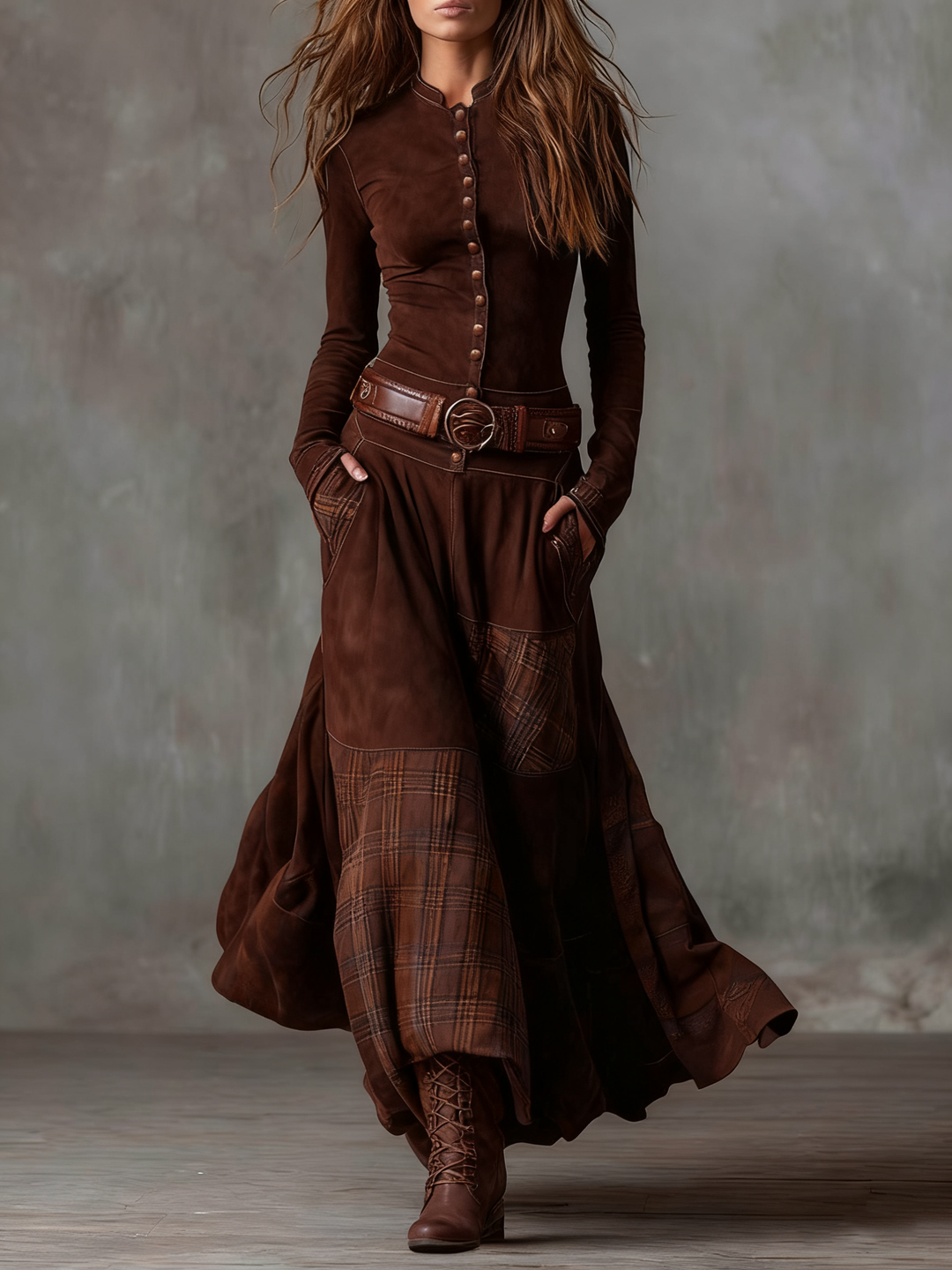 Elenivia | Abito Maxi in Suede con Cintura