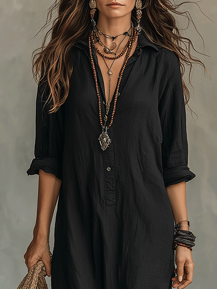 Felicita | Abito Maxi Camicia Bohémien Nero con Bottoni