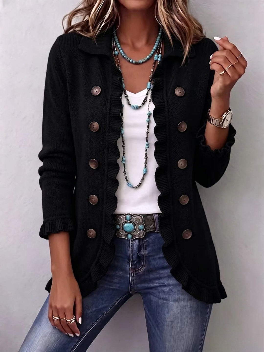 Camillotta | Cardigan in Maglia Nera con Balze