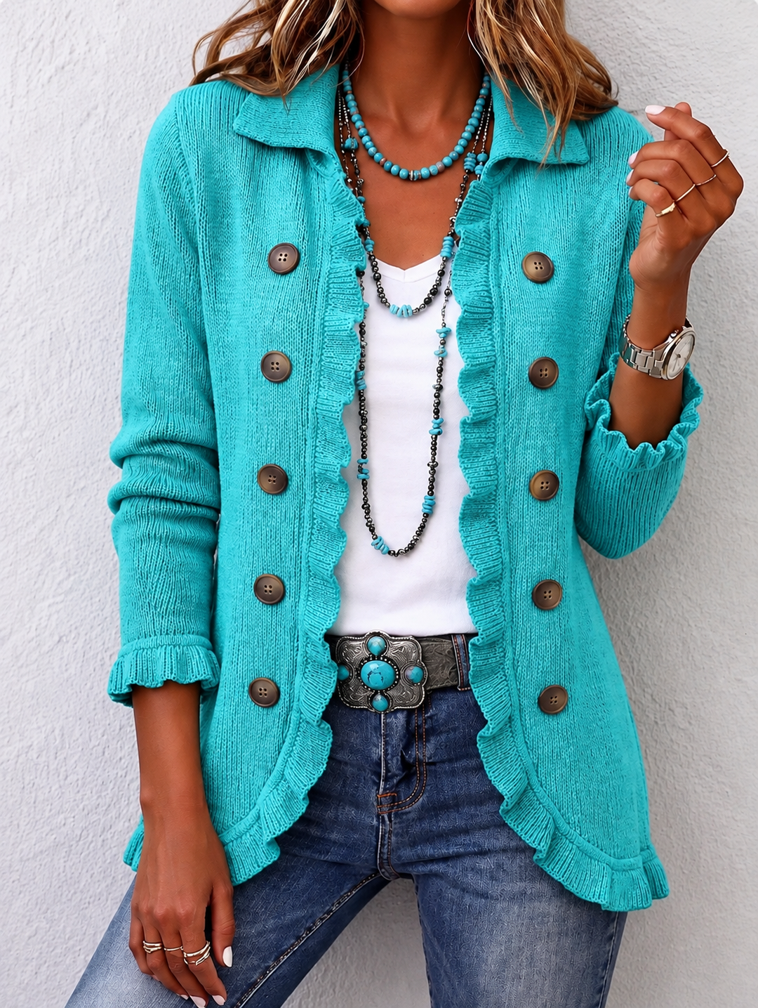 Maribella | Cardigan in Maglia Turchese con Balze