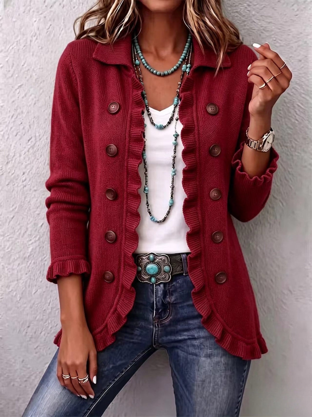 Rosalietta | Cardigan in Maglia Rossa con Balze
