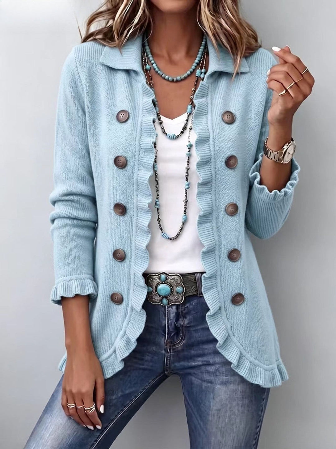 Cecilia | Cardigan in Maglia Azzurra con Balze