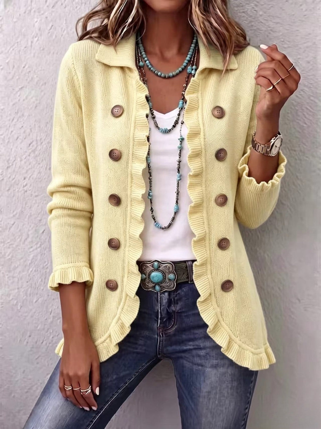Lilliana | Cardigan in Maglia Crema con Balze