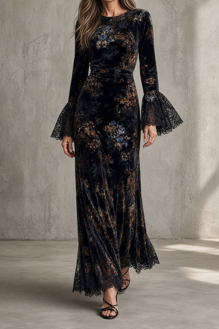 Camelia | Abito Maxi in Velluto con Maniche in Pizzo