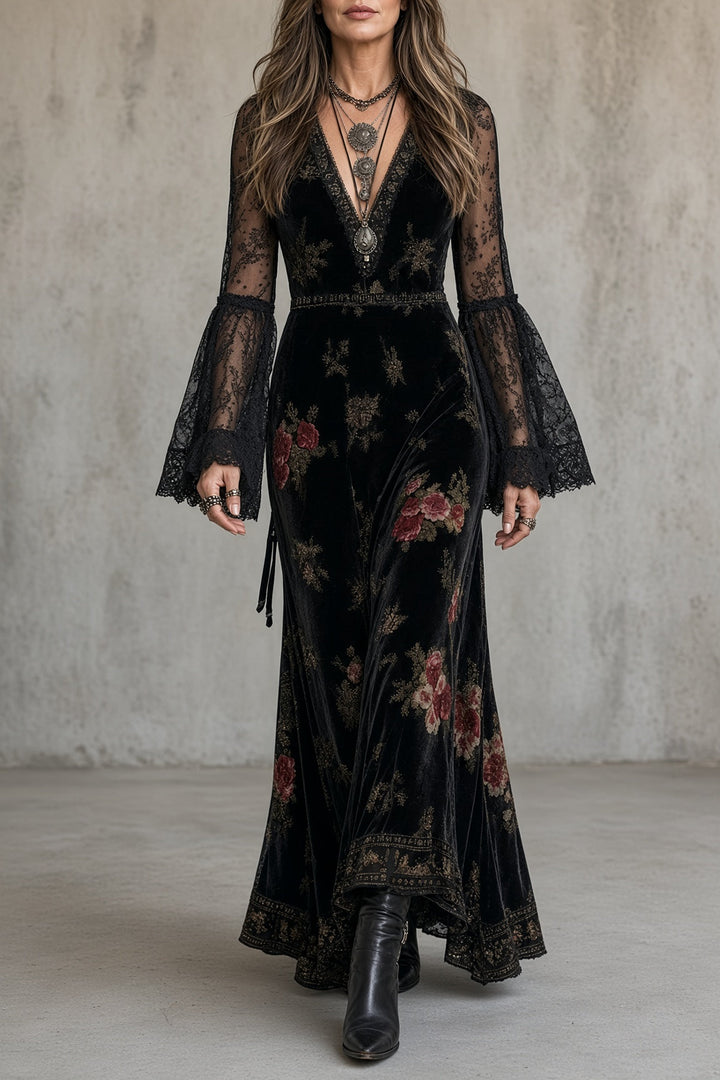 Lidia | Abito Maxi in Velluto Floreale