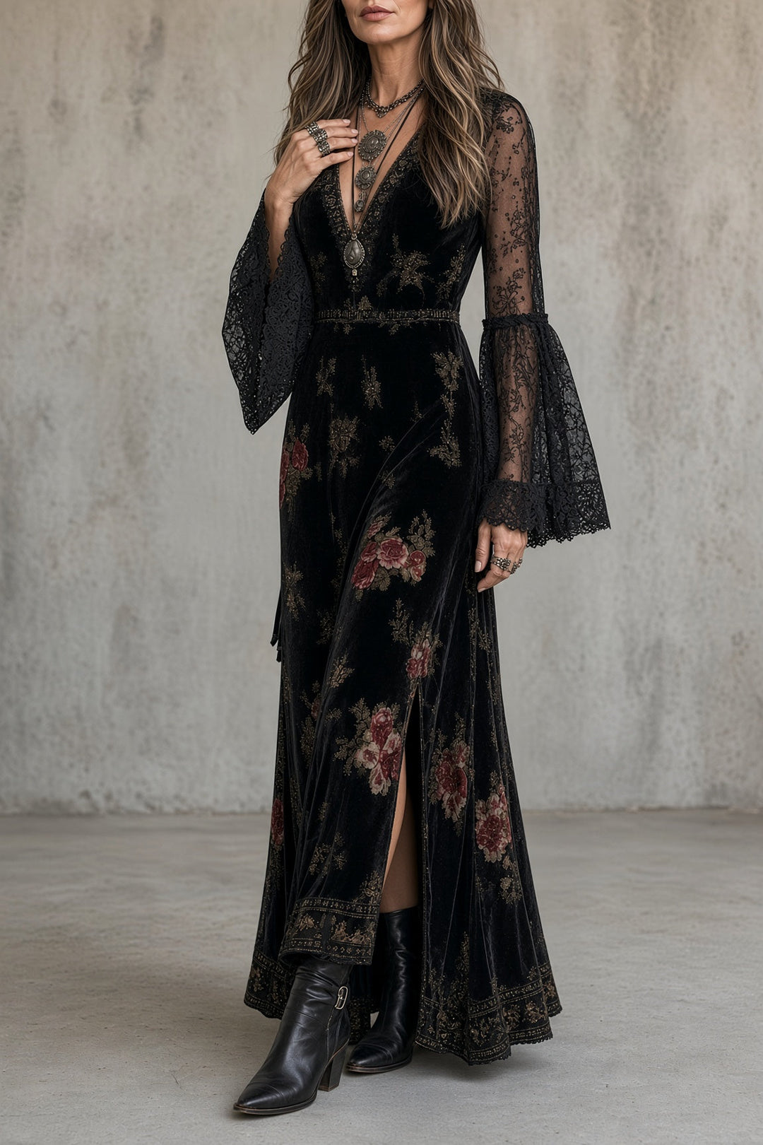 Lidia | Abito Maxi in Velluto Floreale