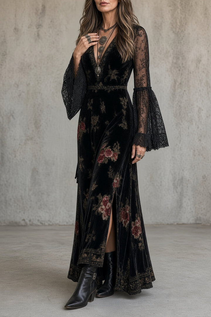 Lidia | Abito Maxi in Velluto Floreale