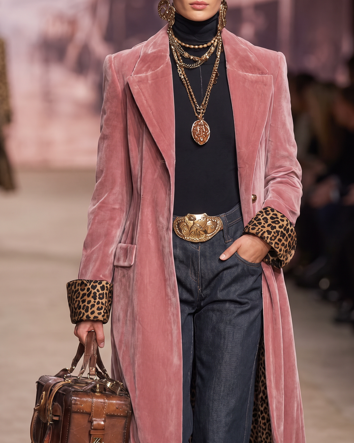 Tecla | Cappotto Lungo Sartoriale in Velluto con Fodera Leopardata