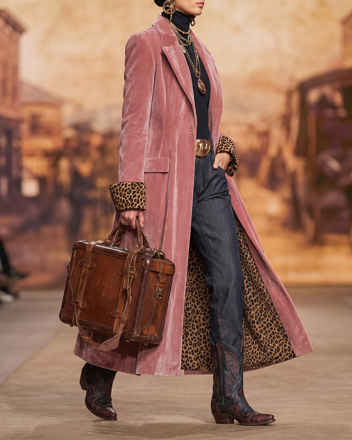 Tecla | Cappotto Lungo Sartoriale in Velluto con Fodera Leopardata
