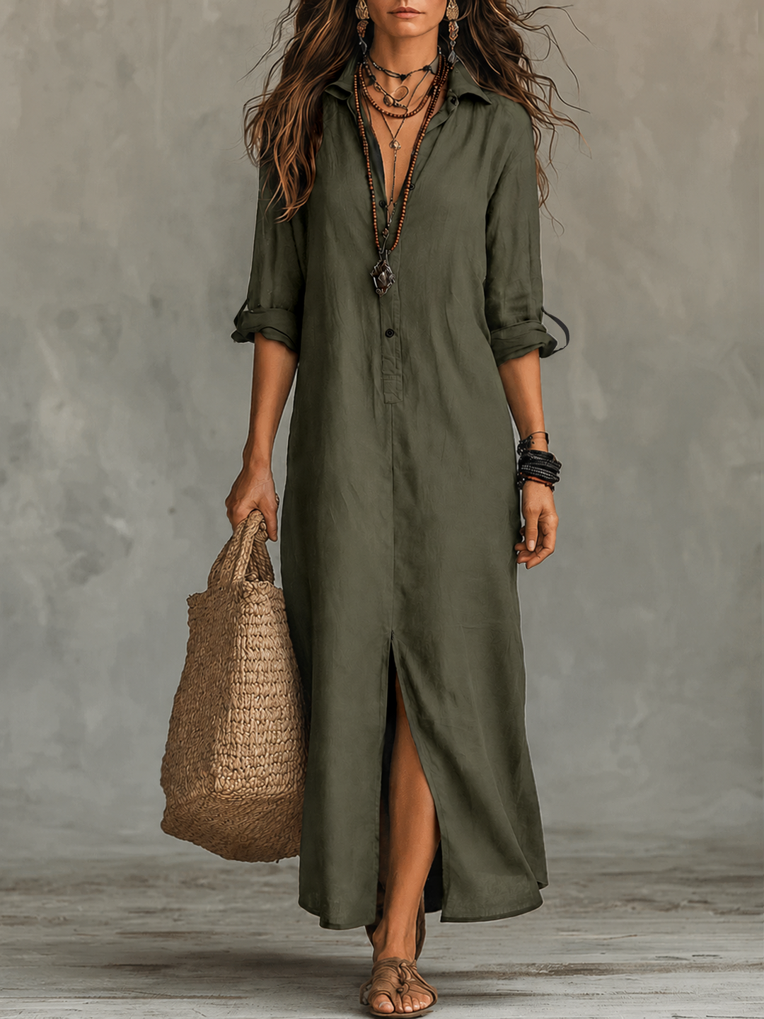 Felicita | Abito Maxi Camicia Bohémien Nero con Bottoni