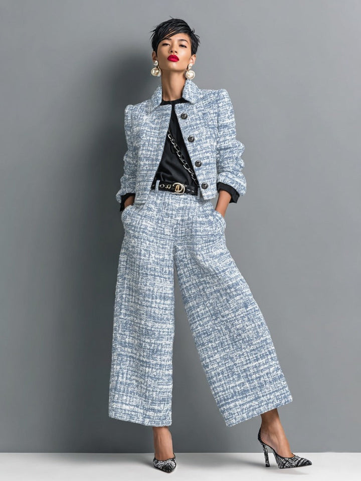 Leontina | Completo Giacca Corta Effetto Tweed e Pantaloni a Gamba Larga