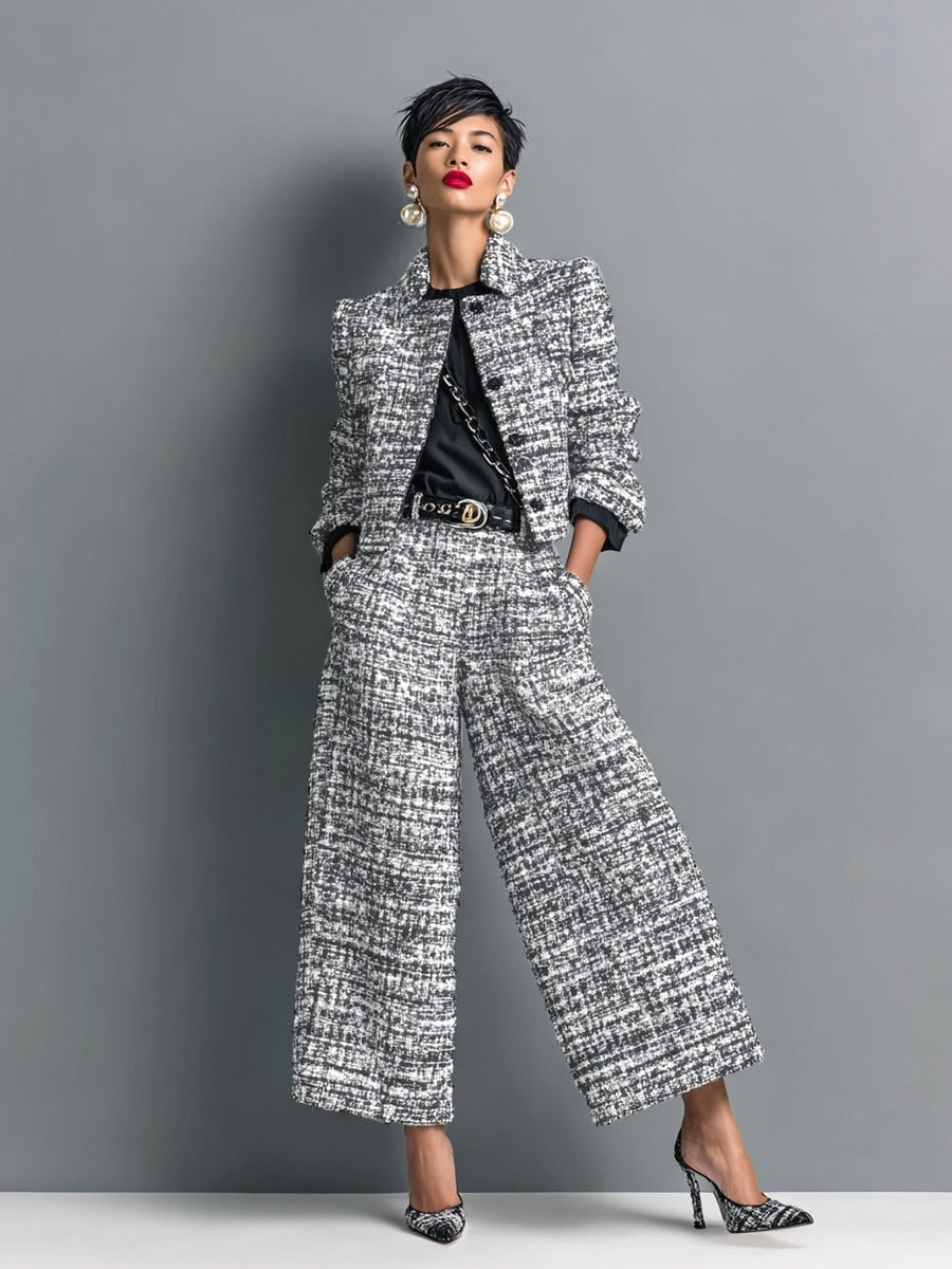 Leontina | Completo Giacca Corta Effetto Tweed e Pantaloni a Gamba Larga