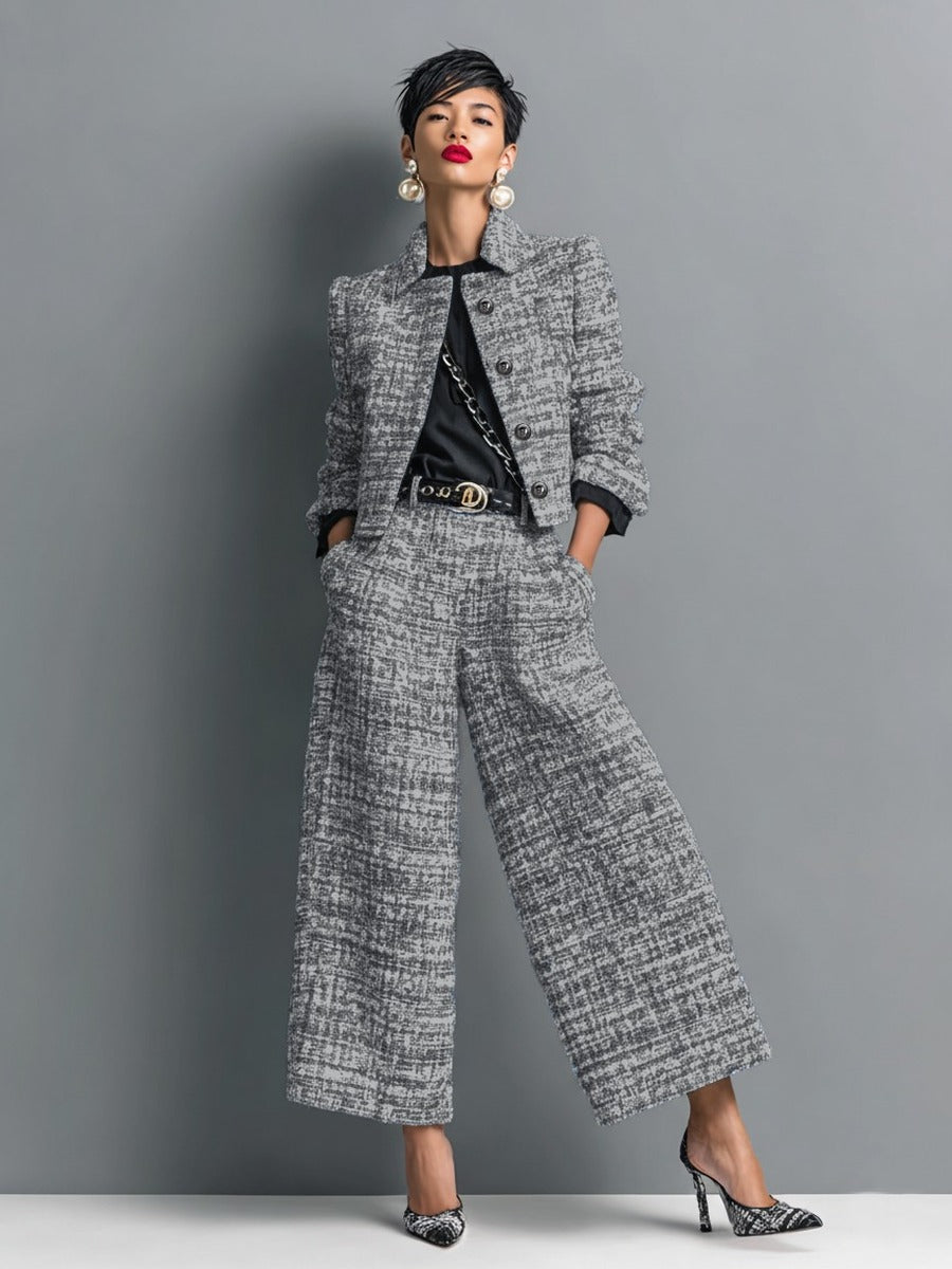 Leontina | Completo Giacca Corta Effetto Tweed e Pantaloni a Gamba Larga