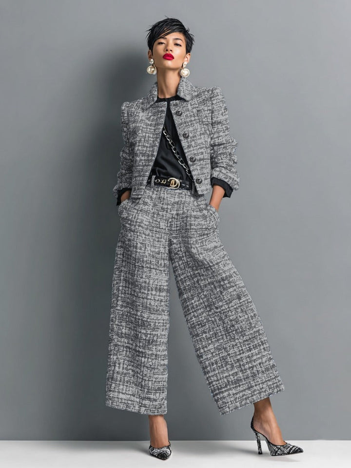 Leontina | Completo Giacca Corta Effetto Tweed e Pantaloni a Gamba Larga