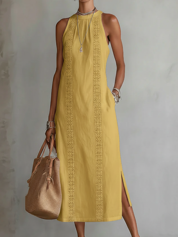 Filippa | Abito Midi Ricamato con Colletto alla Coreana