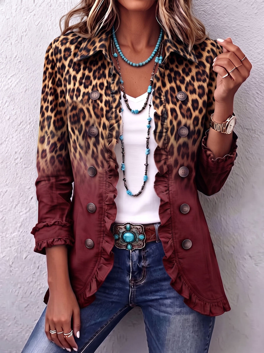 Elsandra | Blazer Leopardato Sfumato con Balze