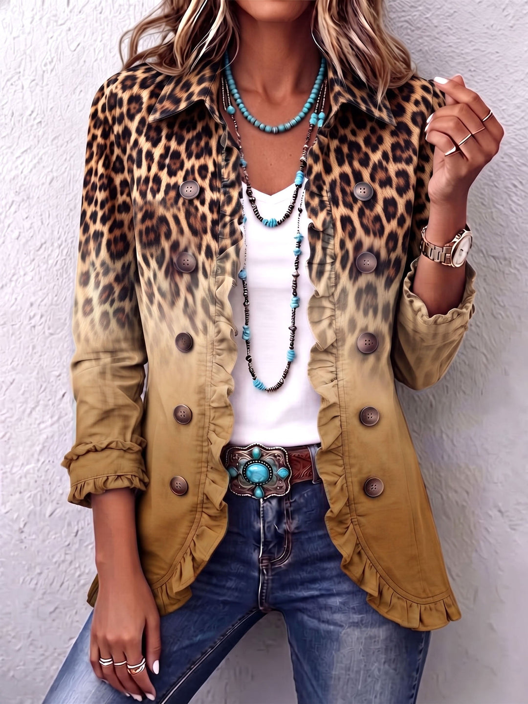 Elsandra | Blazer Leopardato Sfumato con Balze